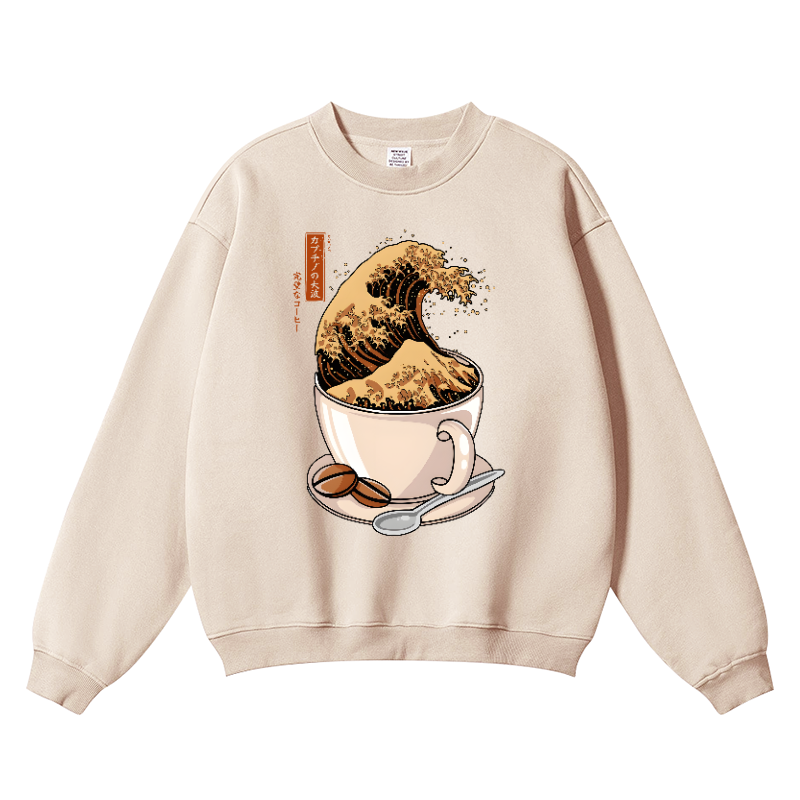 Coffee Great Wave Vintage Cotton Blend Crewneck Sweatshirt