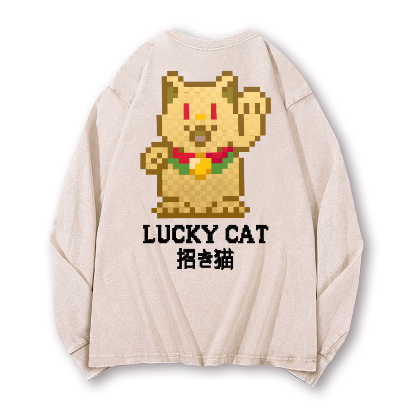 Mosaic Lucky Cat Vintage Washed Cotton Back Art Long-sleeve T-shirt