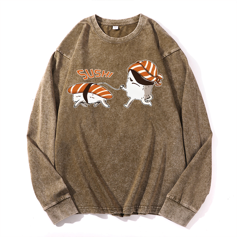 Sushi Vintage Cotton Wash Crewneck Long-Sleeve T-Shirt