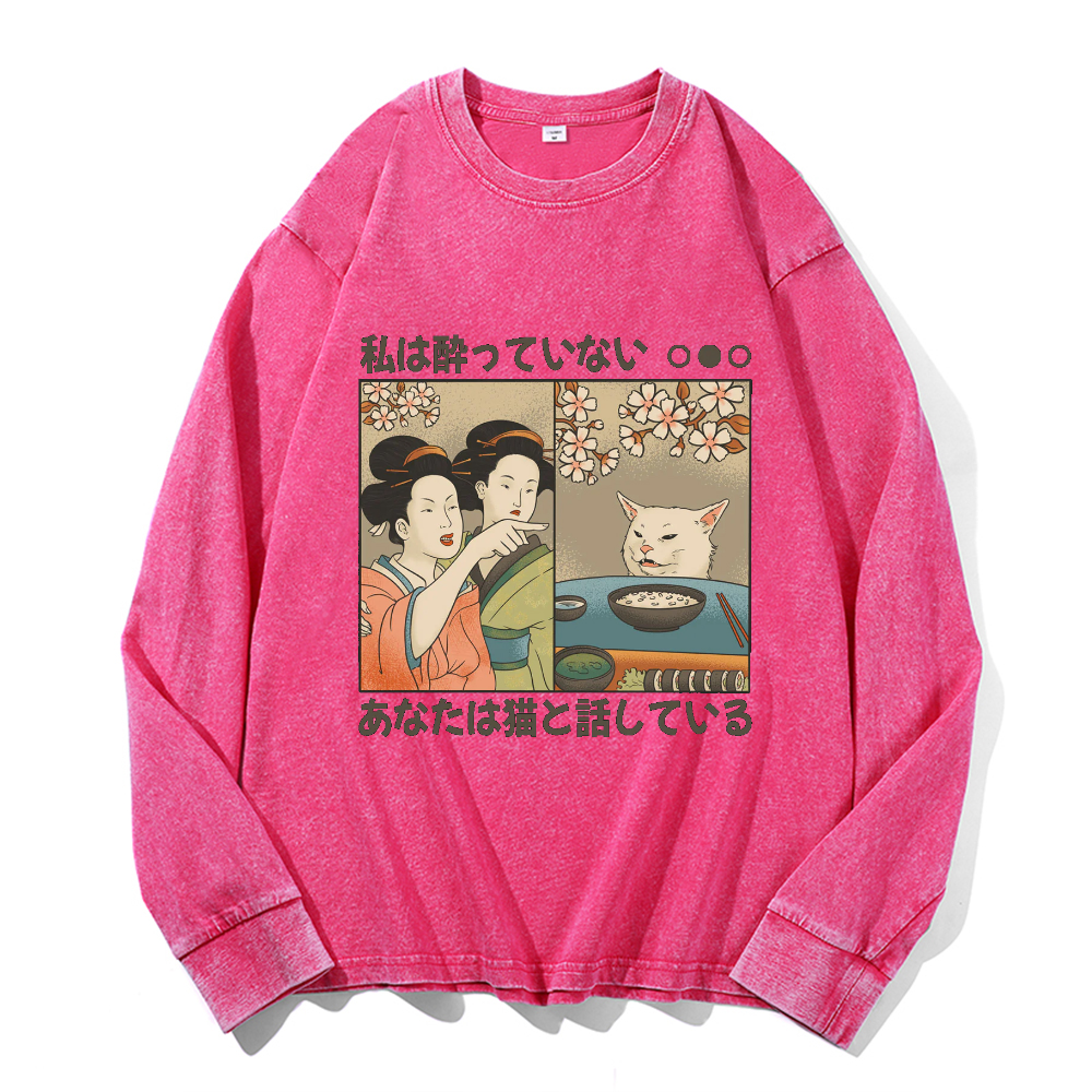 Woman Yelling Cat Vintage Cotton Wash Crewneck Long-Sleeve T-Shirt