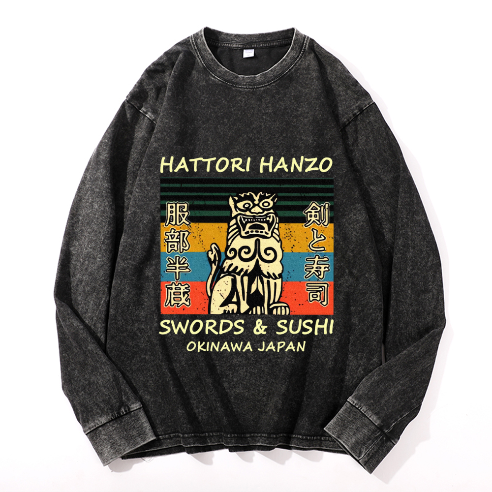Hattori Hanzo Komainu Okinawa Japan Vintage Cotton Wash Crewneck Long-Sleeve T-Shirt