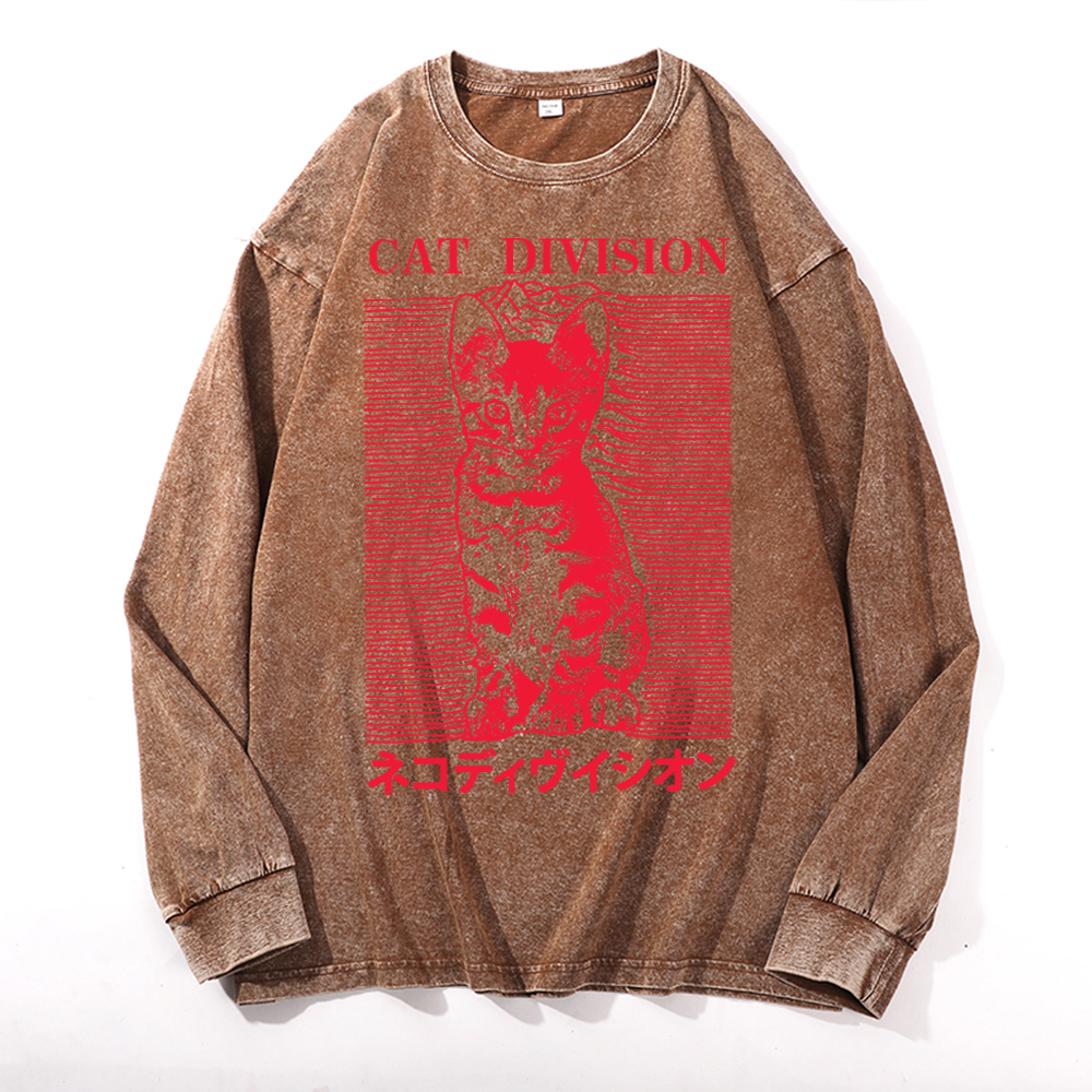 Cat Division Vintage Cotton Wash Crewneck Long-Sleeve T-Shirt