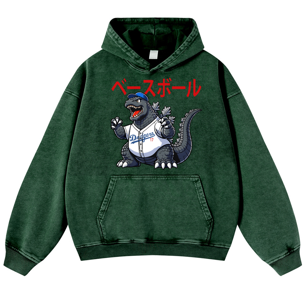 Dodgers Kaiju 17  Baseball Vintage Washed Thick Cotton Hoodie