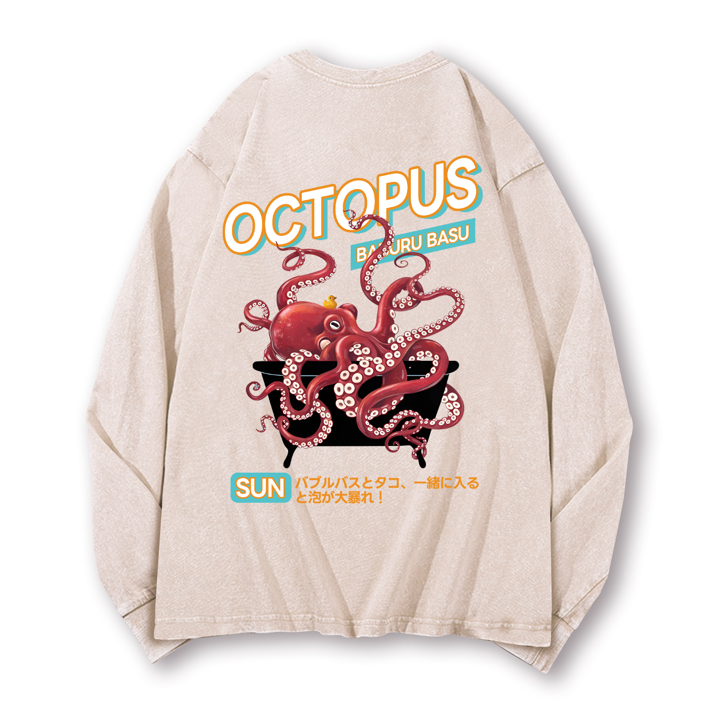 Bubble Bath Octopus Vintage Washed Cotton Back Art Long-sleeve T-shirt