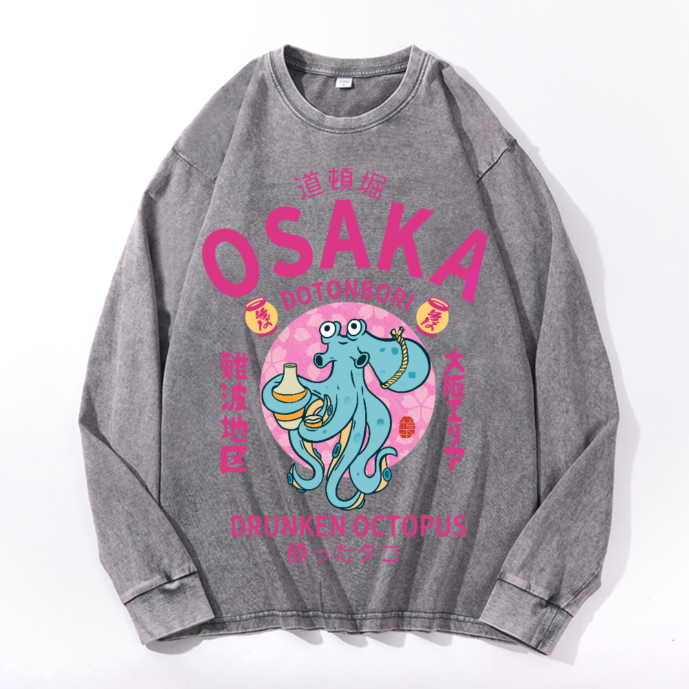 Osaka Dotonbori Drunken Octopus Vintage Cotton Wash Crewneck Long-Sleeve T-Shirt
