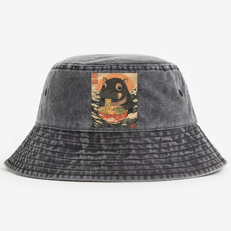 Ramen Hippo Ukiyoe Wave Vintage 100% Cotton Bucket Hat