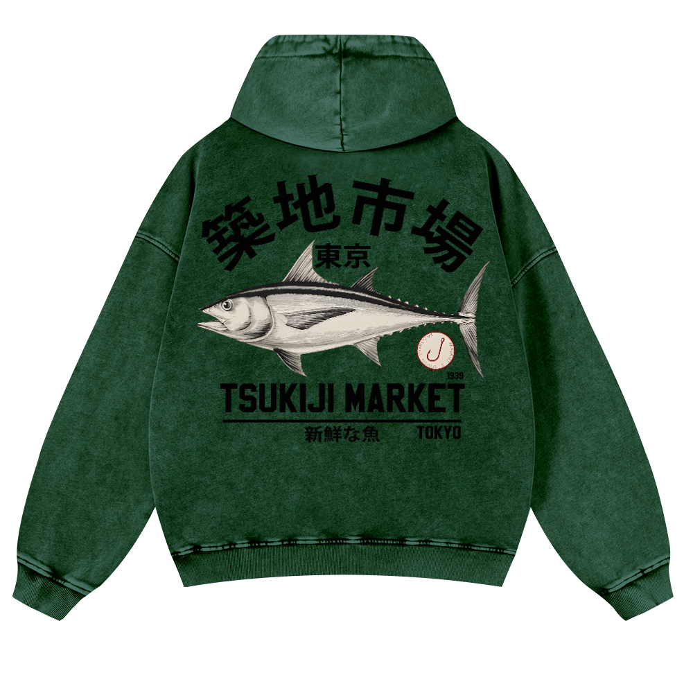 Tsukiji Fish Market Vintage Washed Cotton Back Art Hoodie