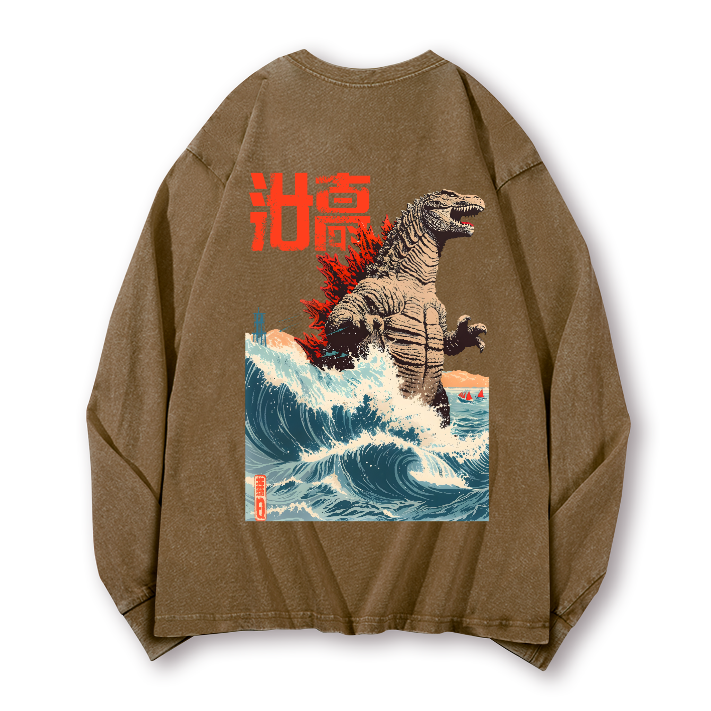 Kaiju Wave Vintage Washed Cotton Back Art Long-sleeve T-shirt