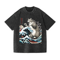 Cat Kaiju Ukiyoe Great Wave Vintage Wash Japanese Design T-Shirt