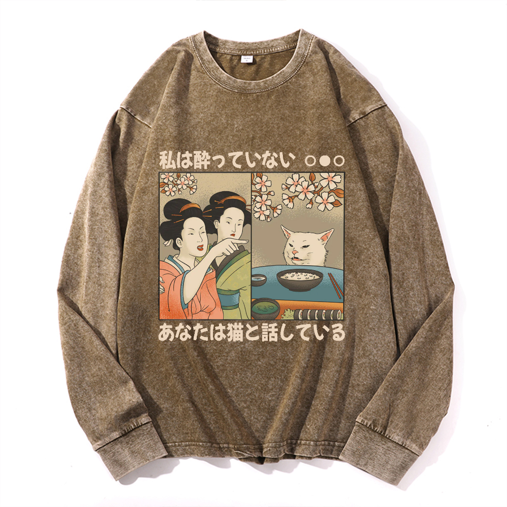 Woman Yelling Cat Vintage Cotton Wash Crewneck Long-Sleeve T-Shirt
