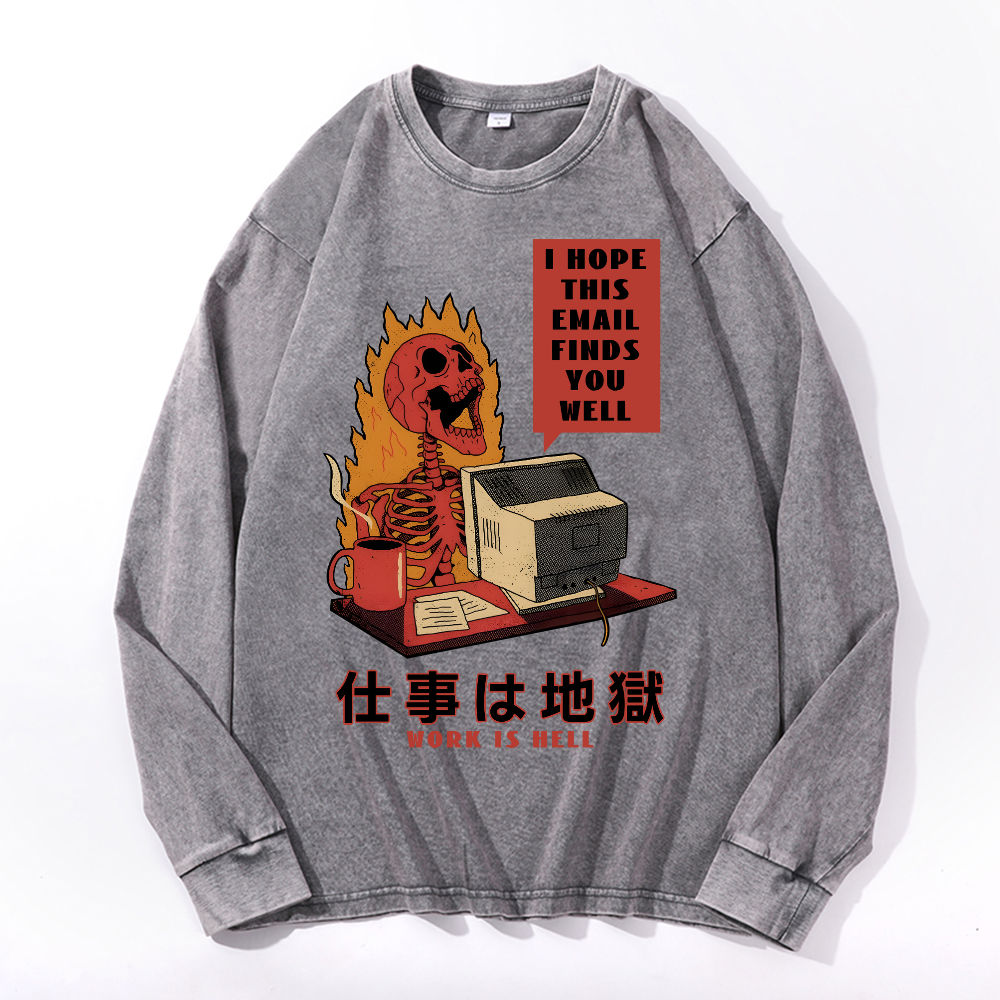 Skull Work Is Hell Vintage Cotton Wash Long-sleeve T-shirt