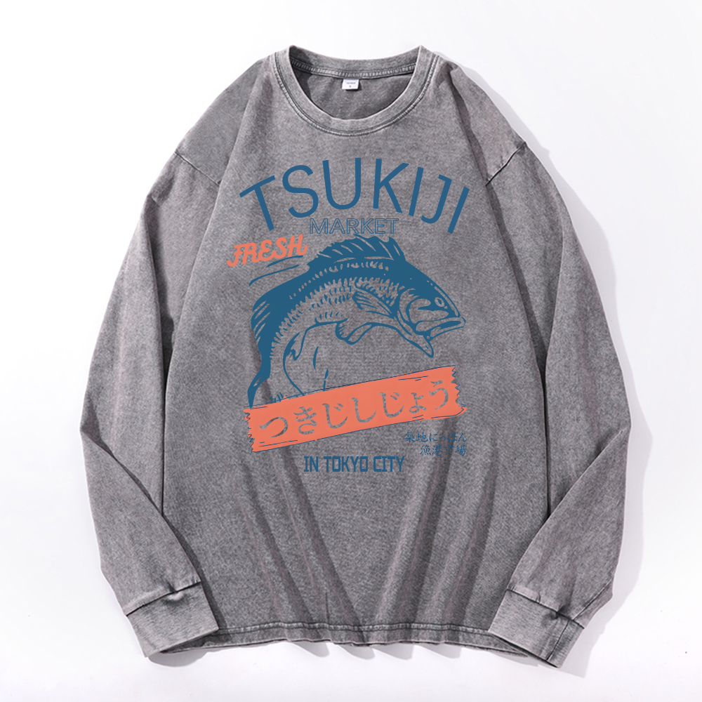 Tsukiji Market Vintage Cotton Wash Crewneck Long-Sleeve T-Shirt