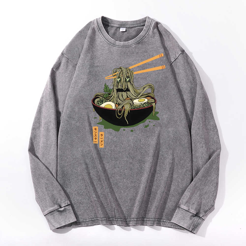 Ramen Monster Vintage Cotton Wash Crewneck Long-Sleeve T-Shirt