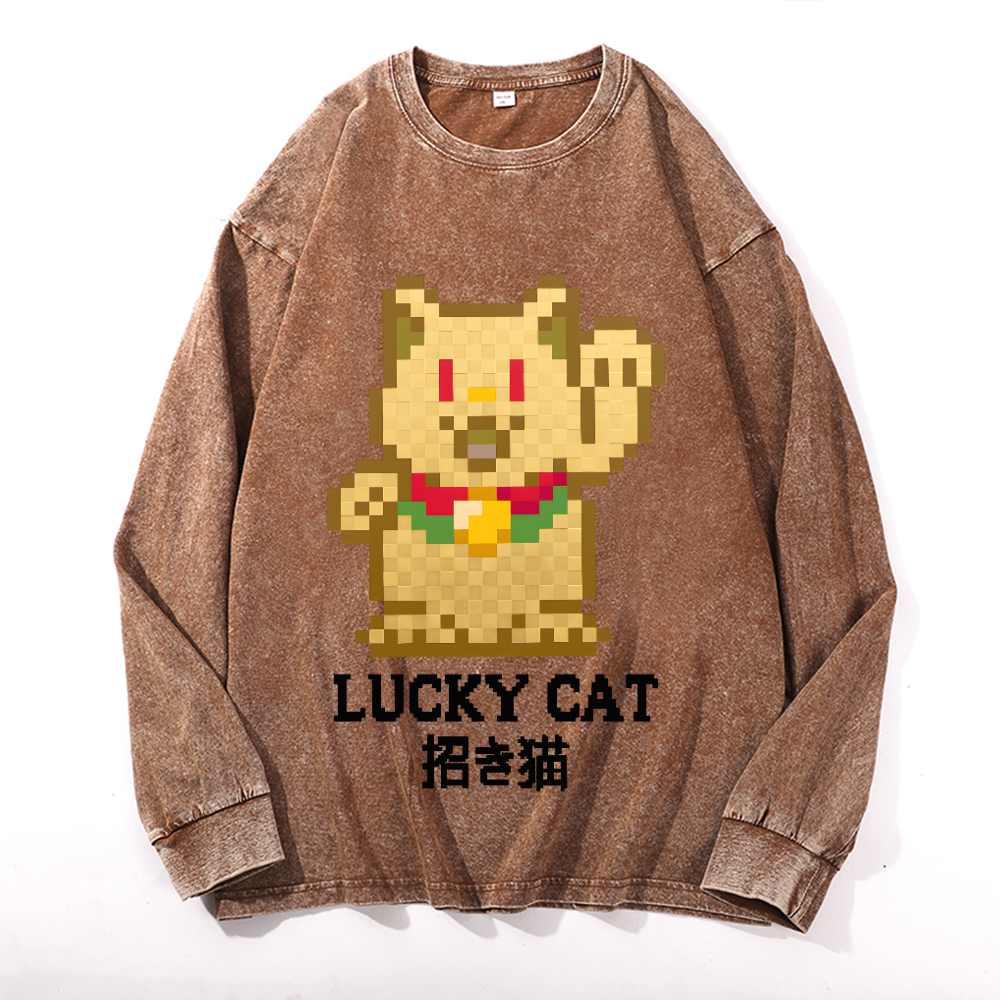 Mosaic Lucky Cat Vintage Cotton Wash Long-sleeve T-shirt