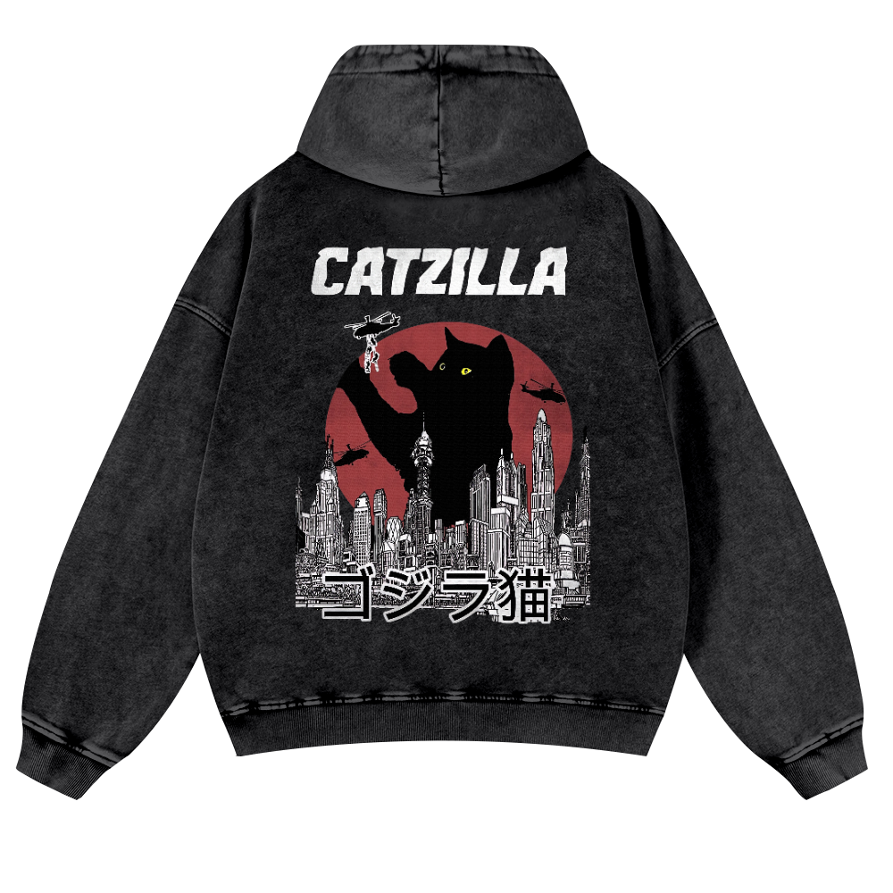 Catzilla Cat Kaiju Vintage Washed Cotton Back Art Hoodie