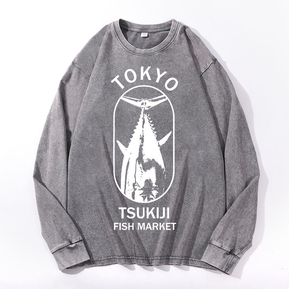 Tsukiji Market Vintage Cotton Wash Crewneck Long-Sleeve T-Shirt
