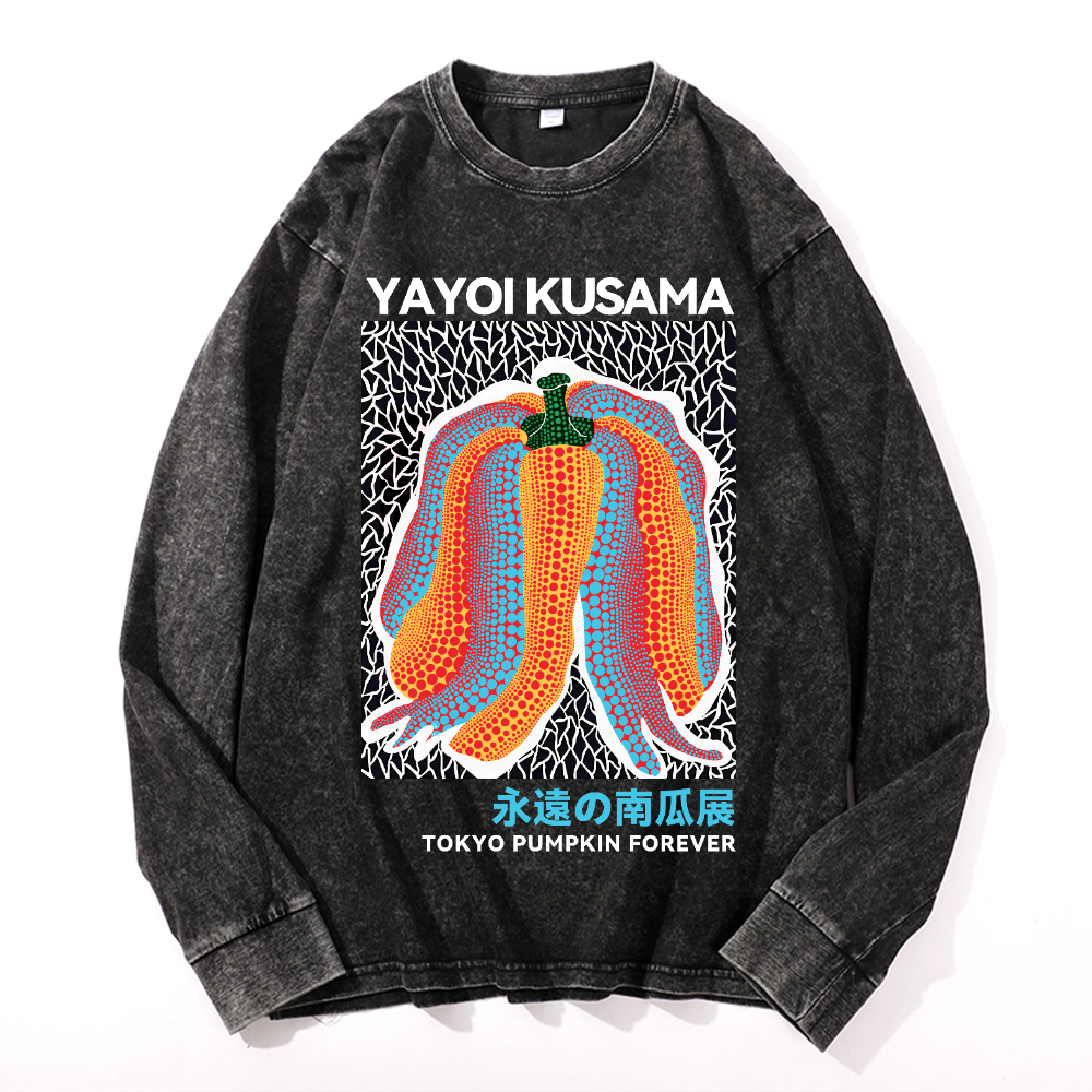Yayoi Kusama Pumpkin Vintage Cotton Wash Crewneck Long-Sleeve T-Shirt