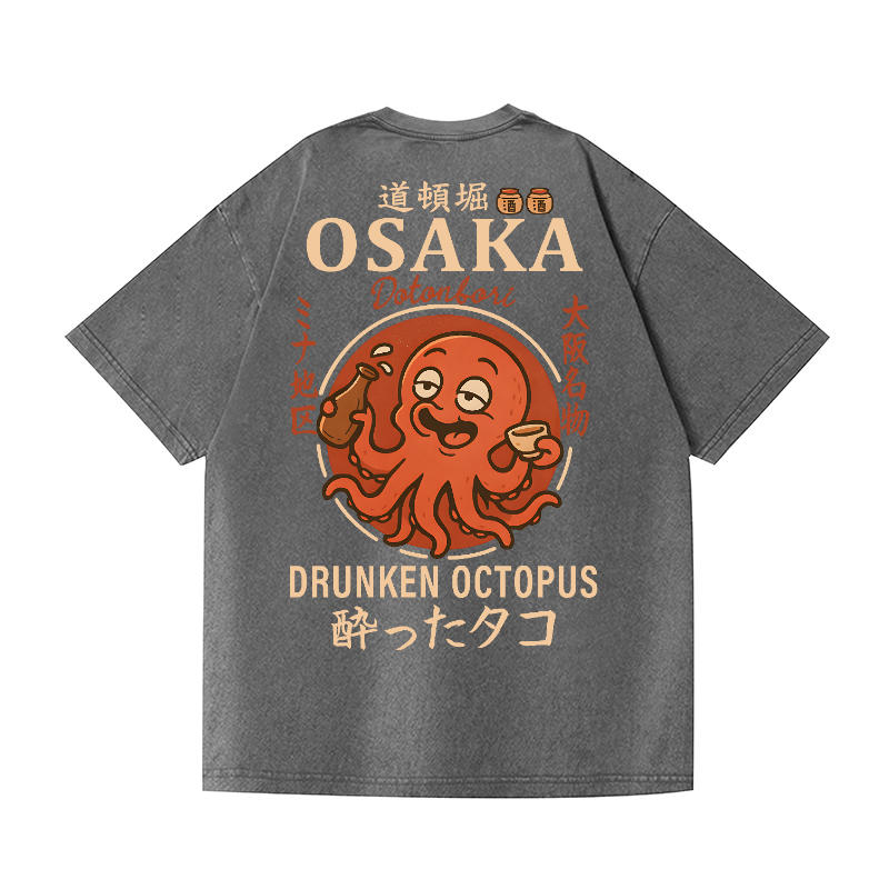 Osaka Dotonbori Drunken Octopus Vintage Wash Japanese Design Back Art T-Shirt