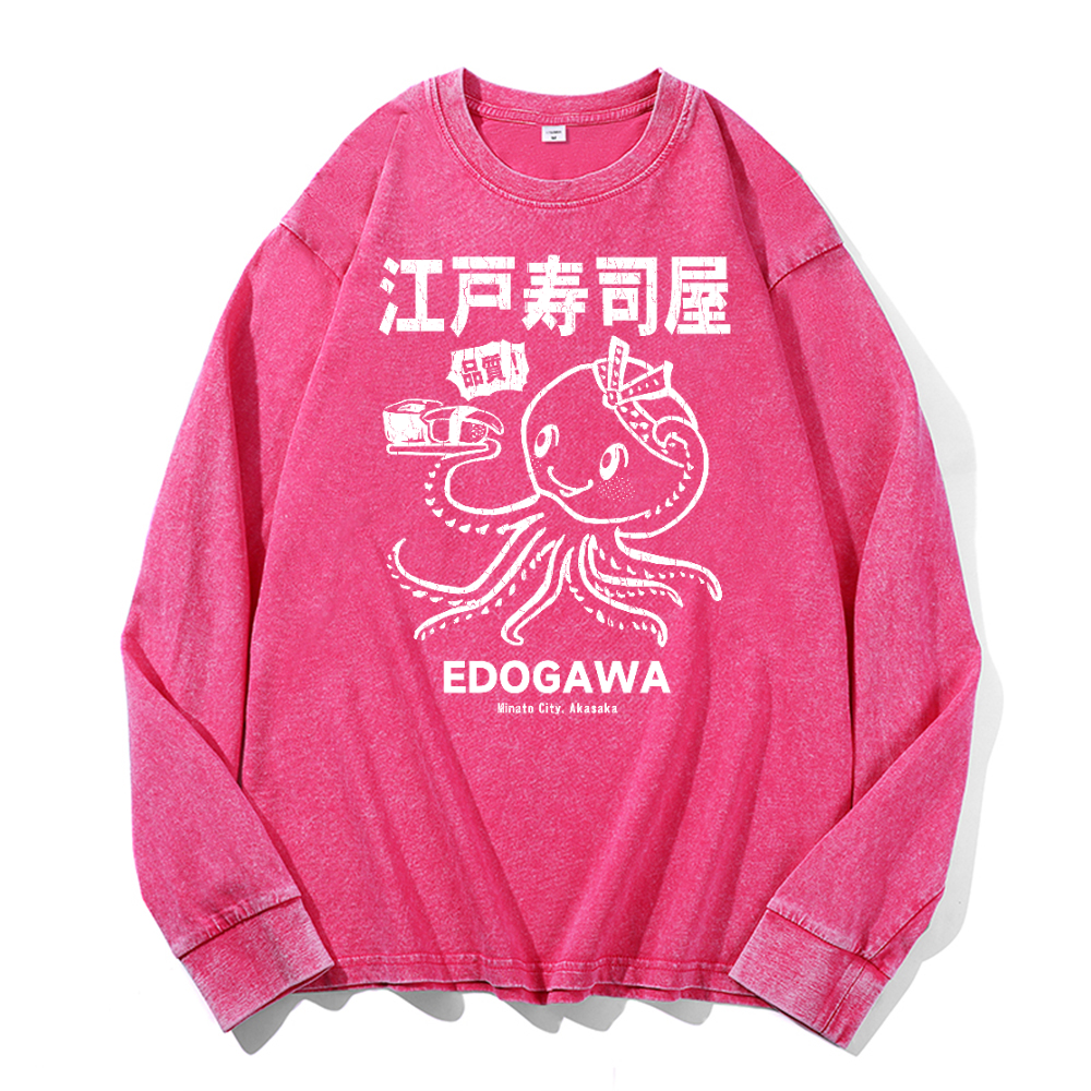 Edogawa Octopus Vintage Cotton Wash Crewneck Long-Sleeve T-Shirt
