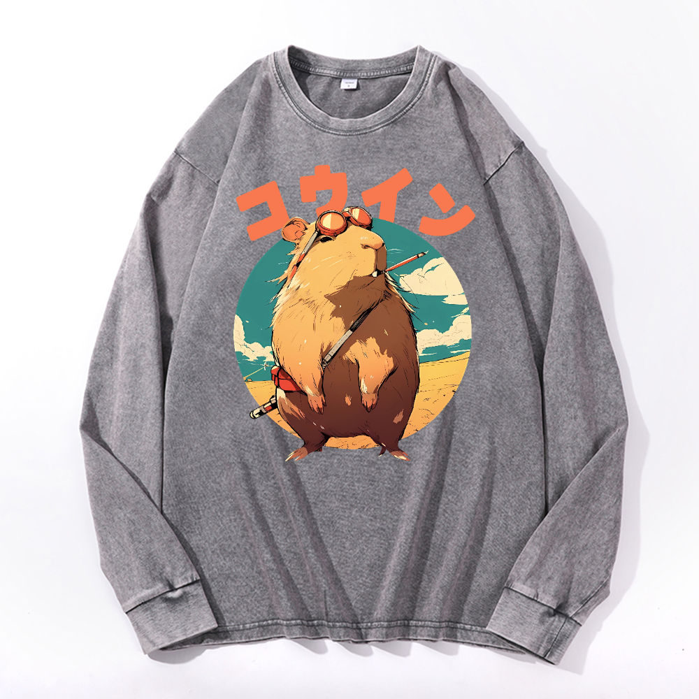 Capybara Vintage Cotton Wash Crewneck Long-Sleeve T-Shirt