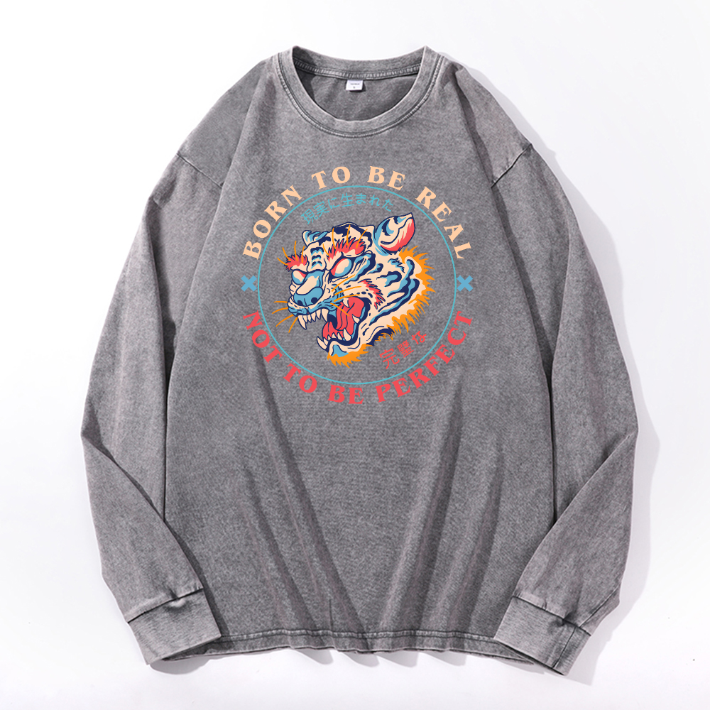 Tiger Vintage Cotton Wash Crewneck Long-Sleeve T-Shirt