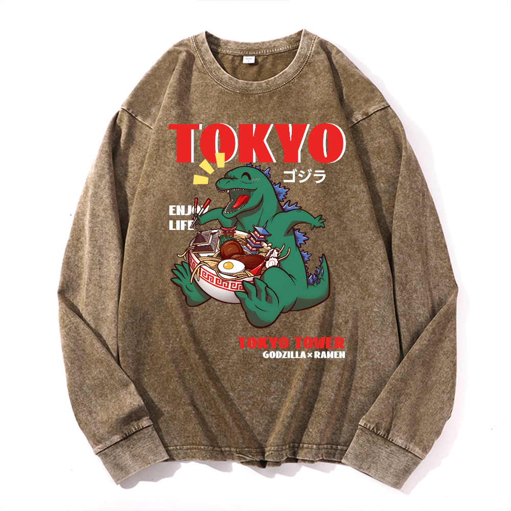 Tokyo Kaiju Ramen Vintage Cotton Wash Long-sleeve T-shirt