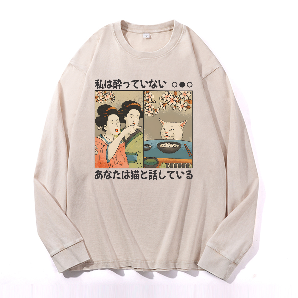Woman Yelling at a Cat Vintage Cotton Wash Crewneck Long-Sleeve T-Shirt