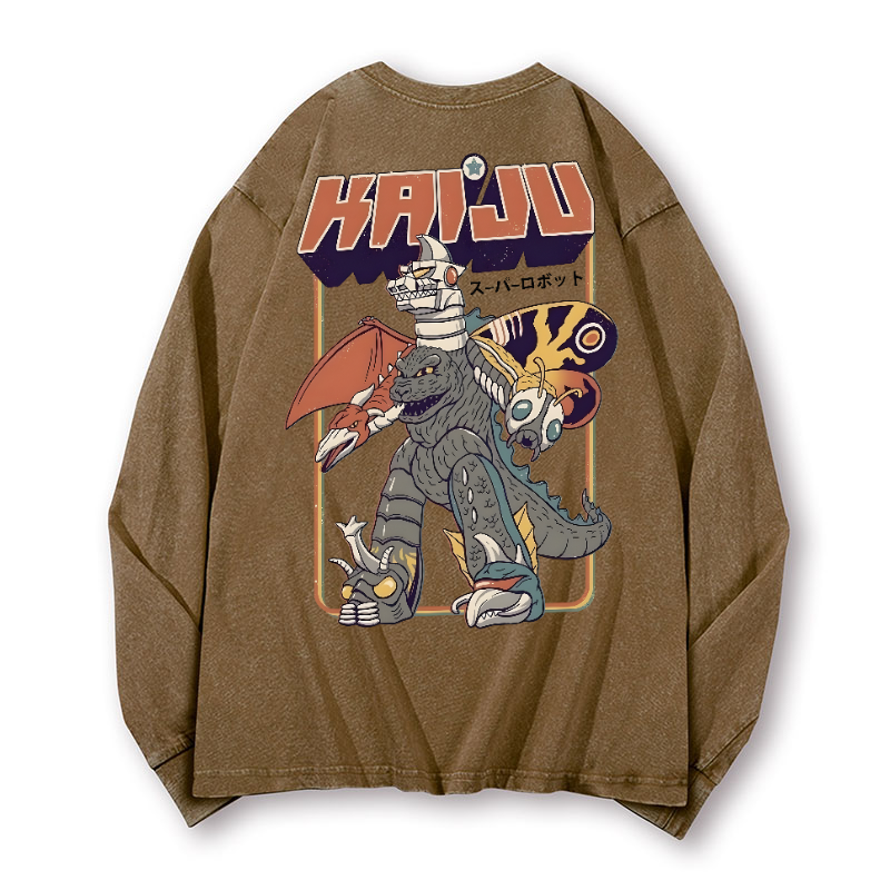 Kaiju Monster Vintage Washed Cotton Back Art Long-sleeve T-shirt