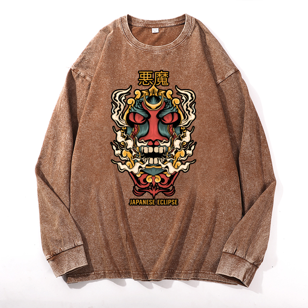 Japanese Eclipse Vintage Cotton Wash Crewneck Long-Sleeve T-Shirt