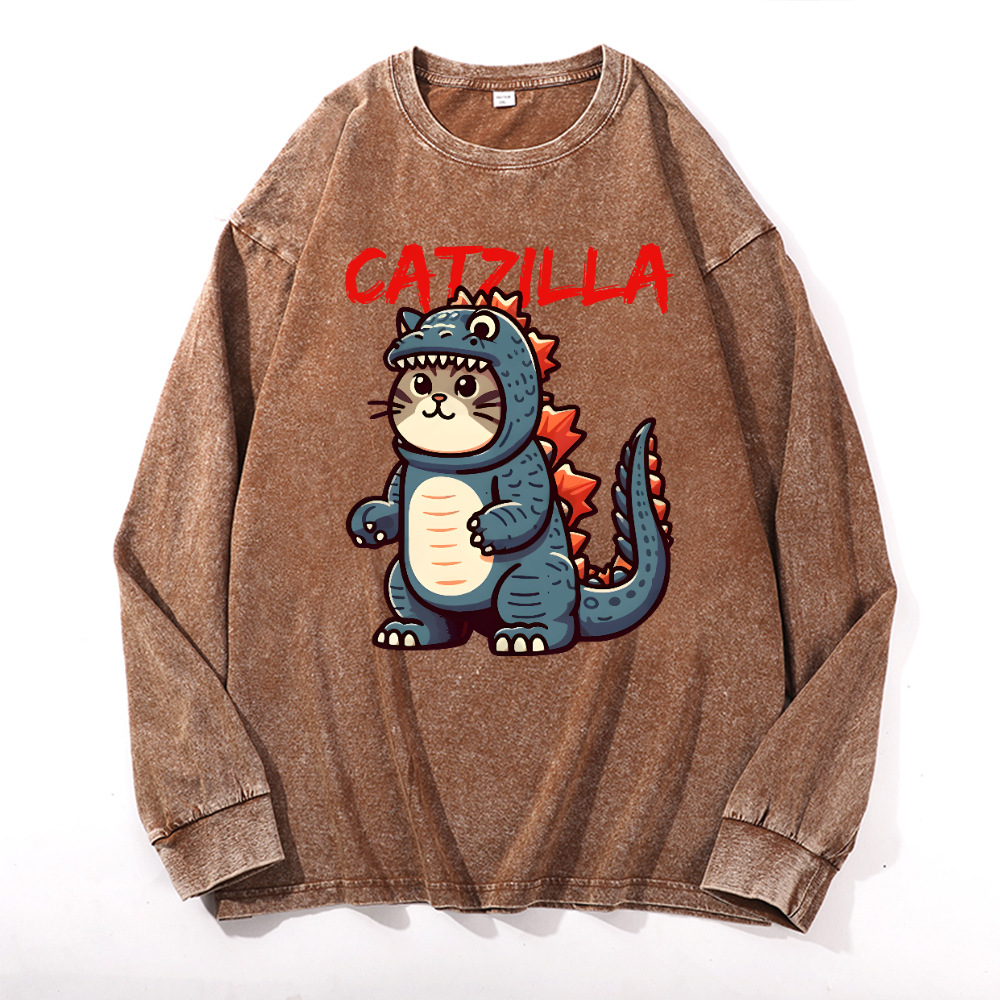 Catzilla Cat Kaiju Vintage Cotton Wash Crewneck Long-Sleeve T-Shirt