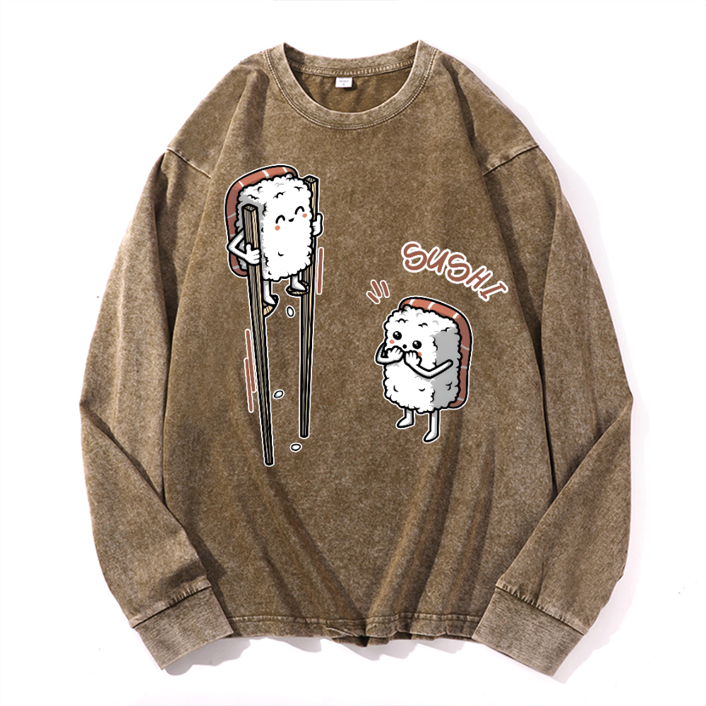 Sushi Vintage Cotton Wash Crewneck Long-Sleeve T-Shirt