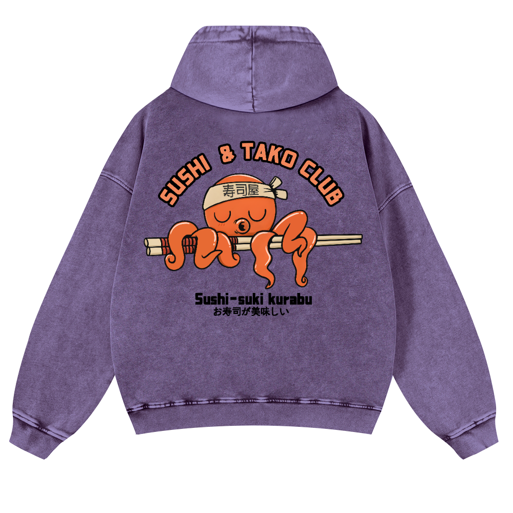 Sushi and Tako Octopus Vintage Washed Cotton Back Art Hoodie