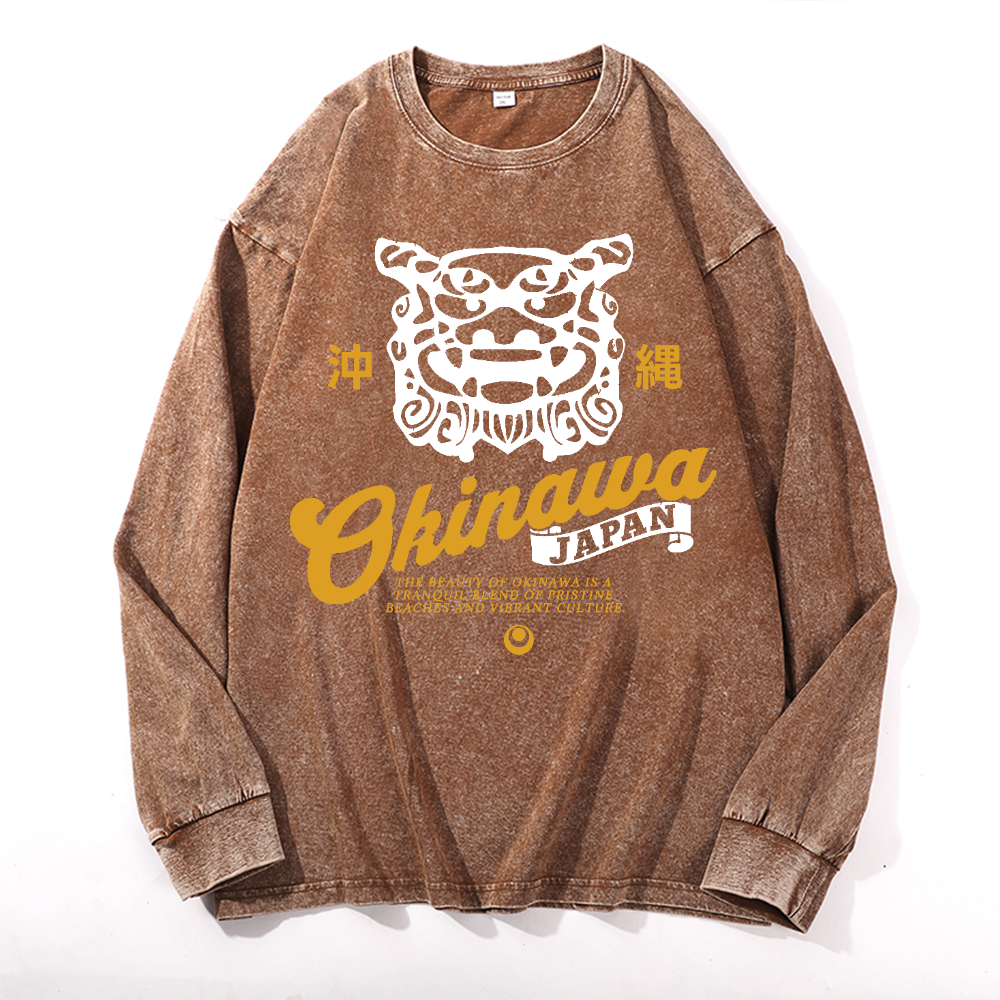 Okinawa Shisa Vintage Cotton Wash Crewneck Long-Sleeve T-Shirt
