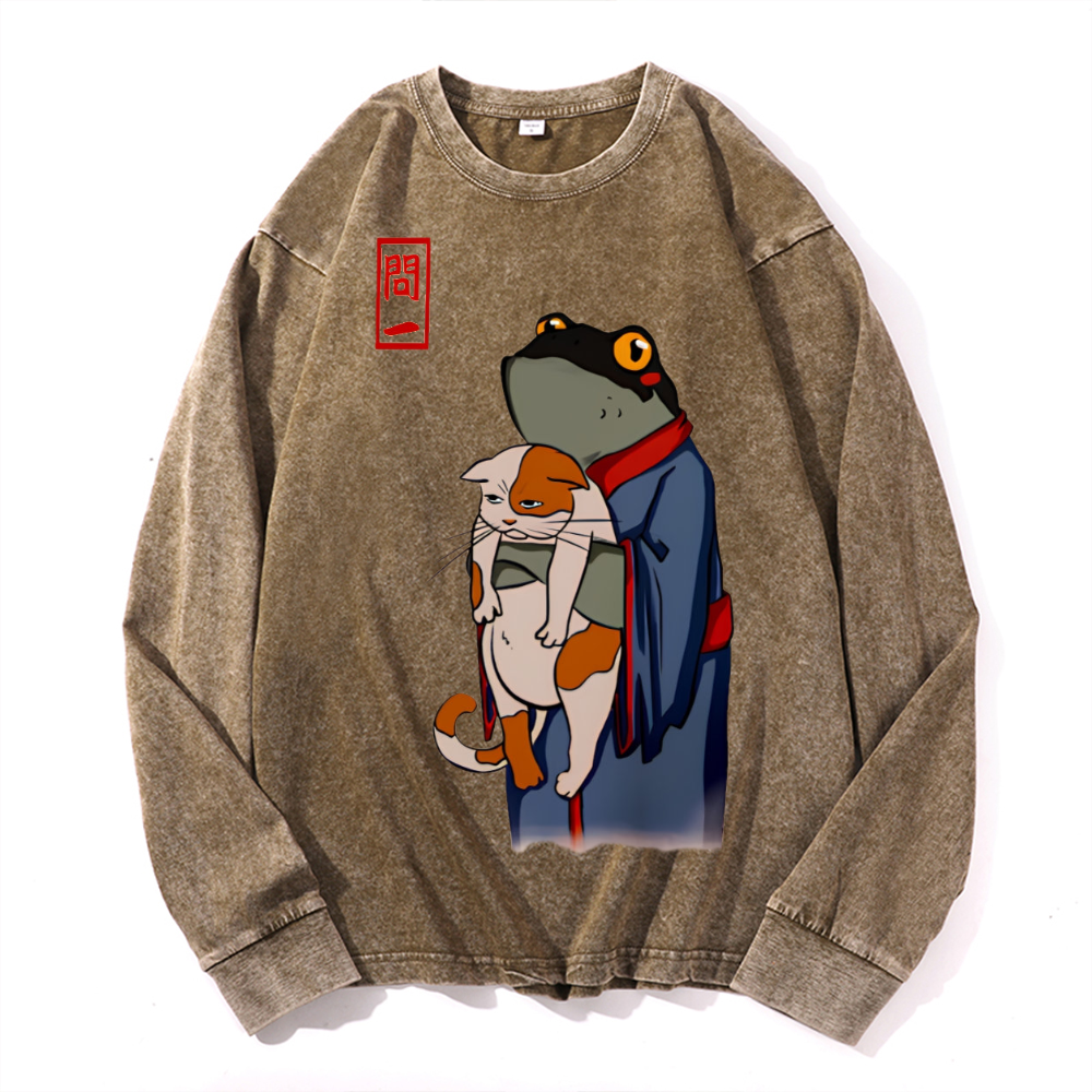 Frog Cat Vintage Cotton Wash Crewneck Long-Sleeve T-Shirt