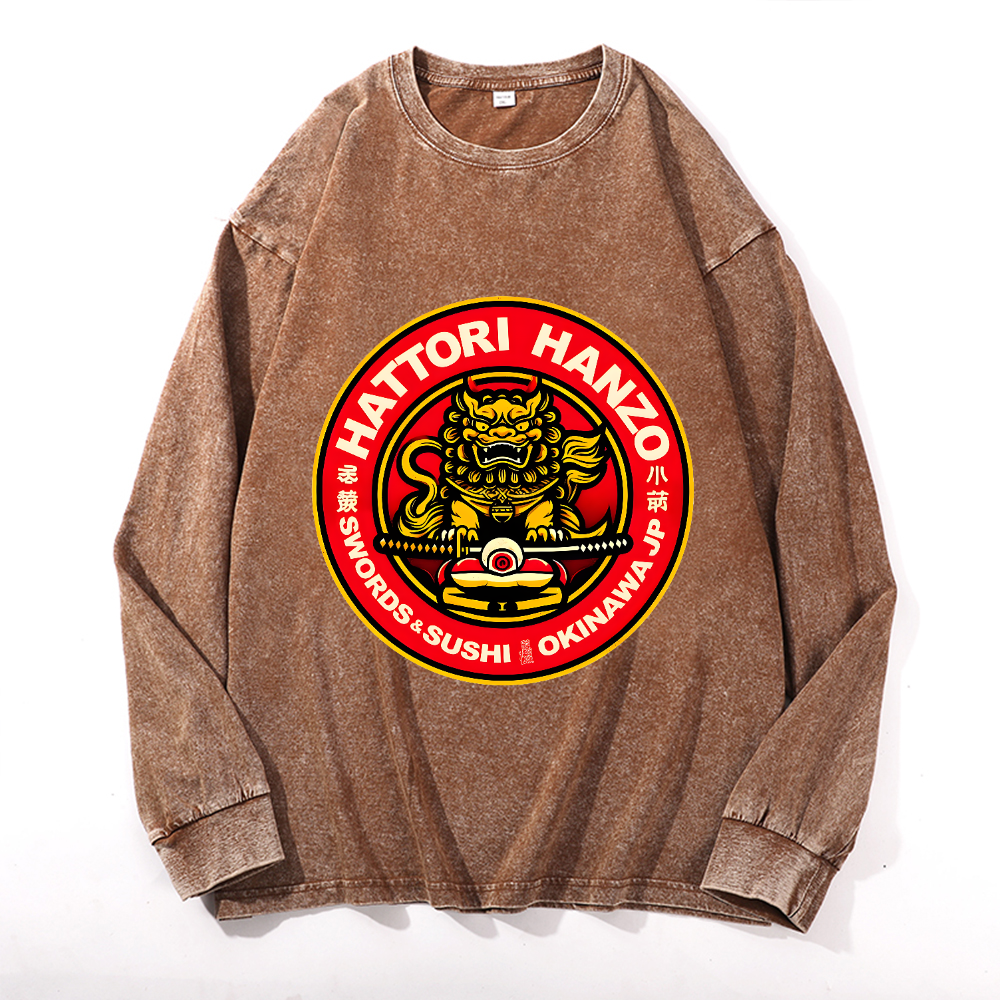 Hattori Hanzo Komainu Okinawa Japan Vintage Cotton Wash Crewneck Long-Sleeve T-Shirt
