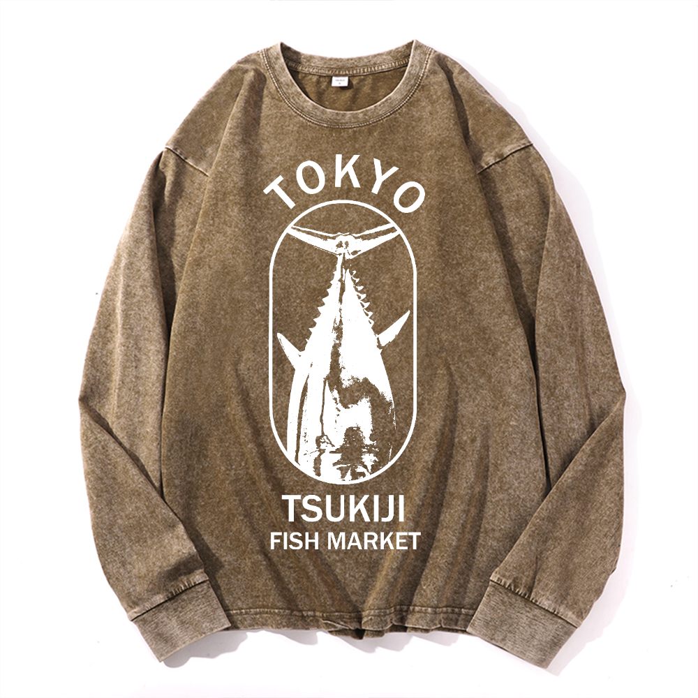Tsukiji Market Vintage Cotton Wash Crewneck Long-Sleeve T-Shirt