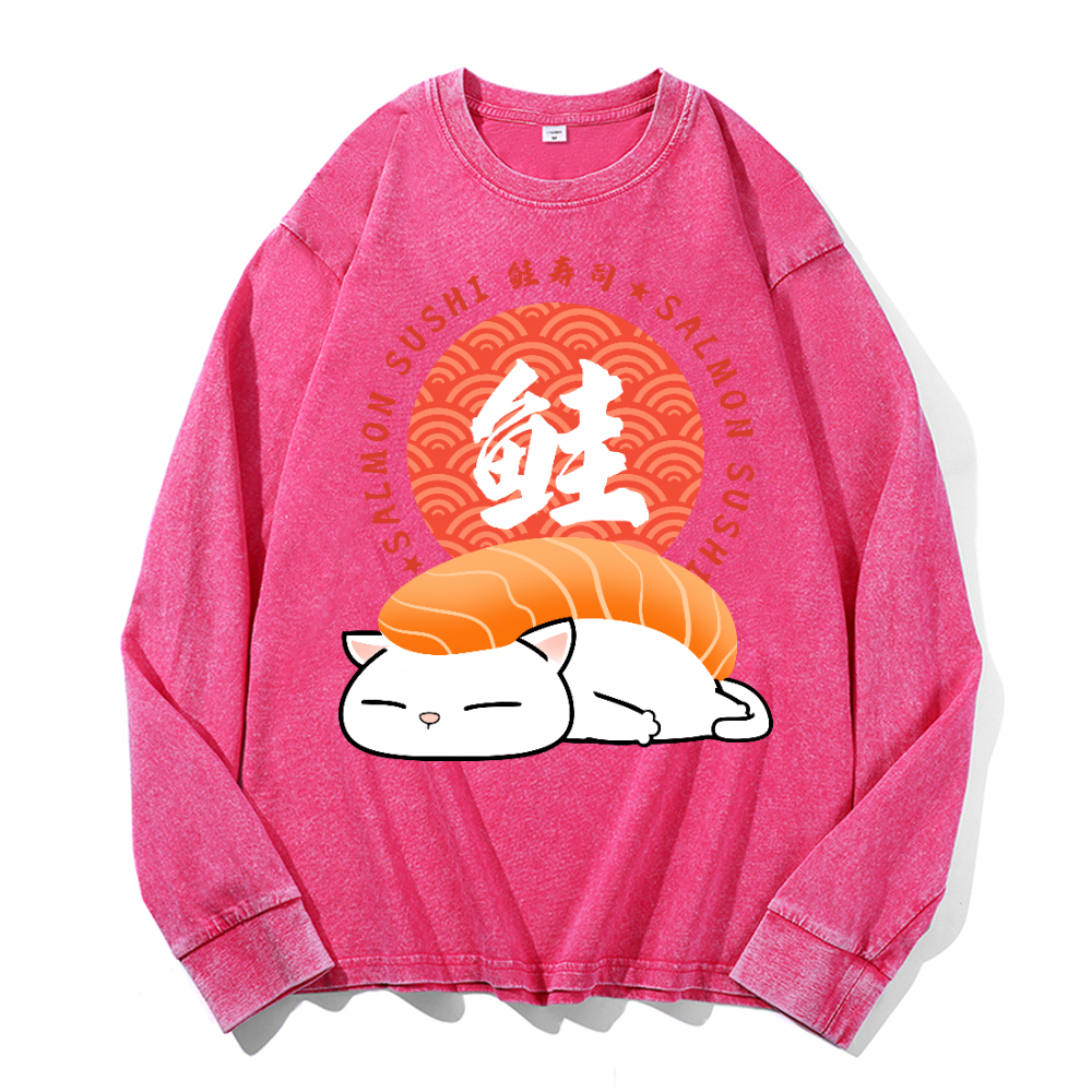 Salmon Sushi Cat Vintage Cotton Wash Crewneck Long-Sleeve T-Shirt