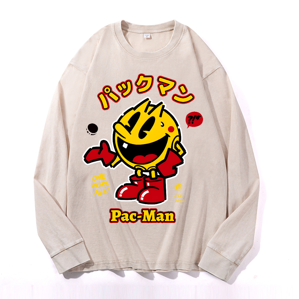 Pacman Vintage Cotton Wash Crewneck Long-Sleeve T-Shirt