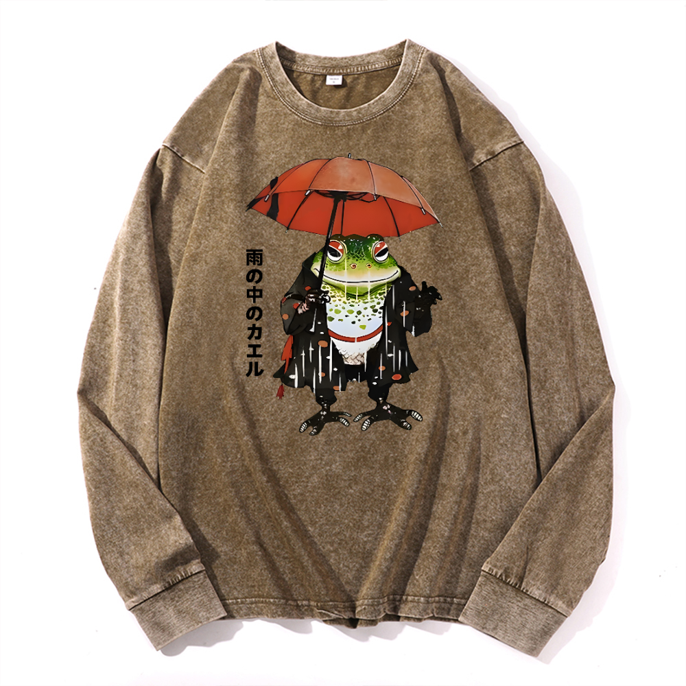 Frog In The Rain Vintage Cotton Wash Long-sleeve T-shirt