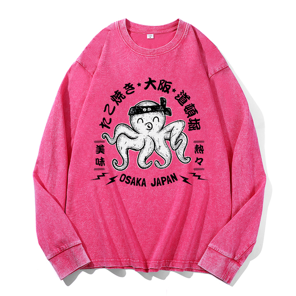 Octopus Takoyaki Osaka Japan Vintage Cotton Wash Crewneck Long-Sleeve T-Shirt