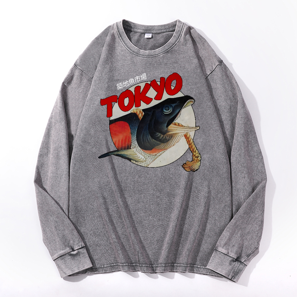 Tsukiji Market Vintage Cotton Wash Crewneck Long-Sleeve T-Shirt