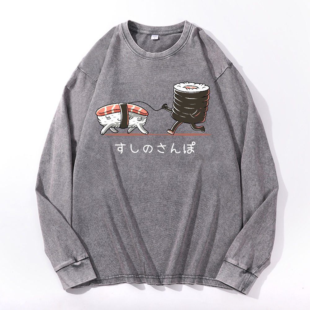 Sushi Vintage Cotton Wash Crewneck Long-Sleeve T-Shirt