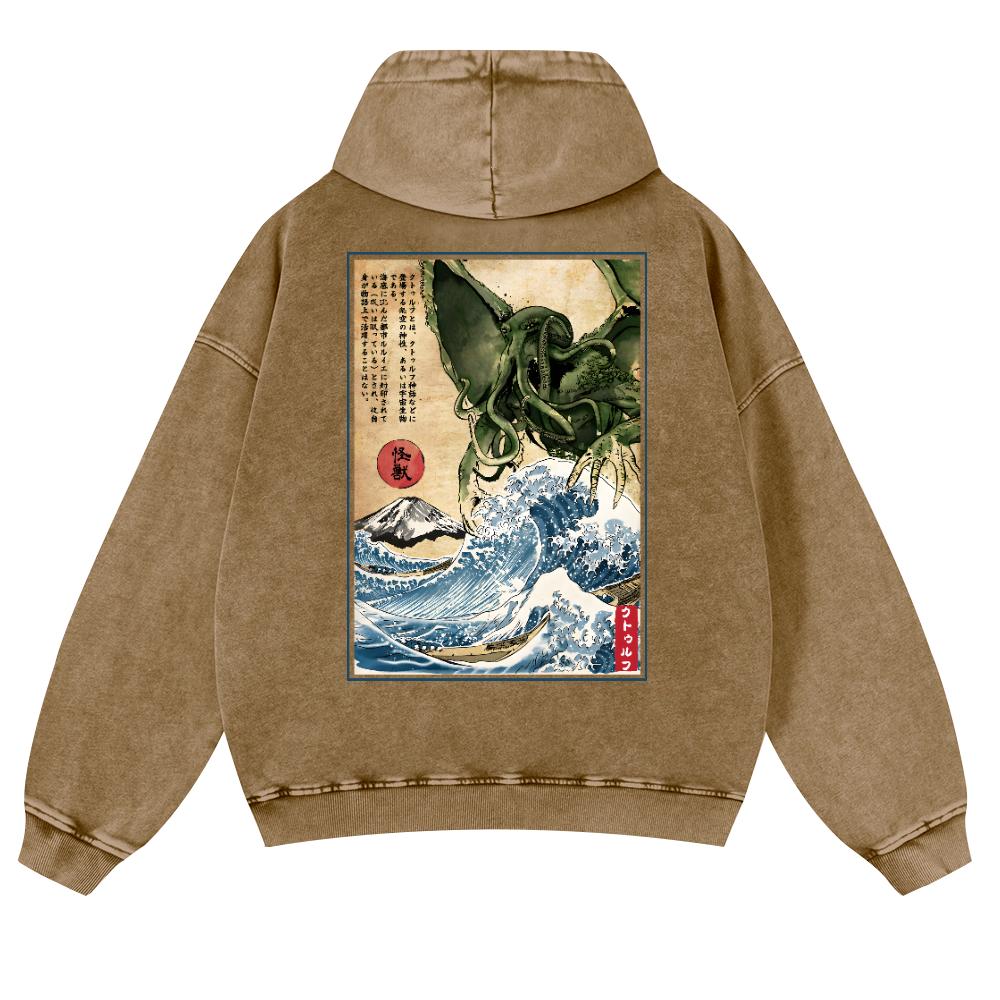 Octopus Ukiyoe Vintage Washed Cotton Back Art Hoodie