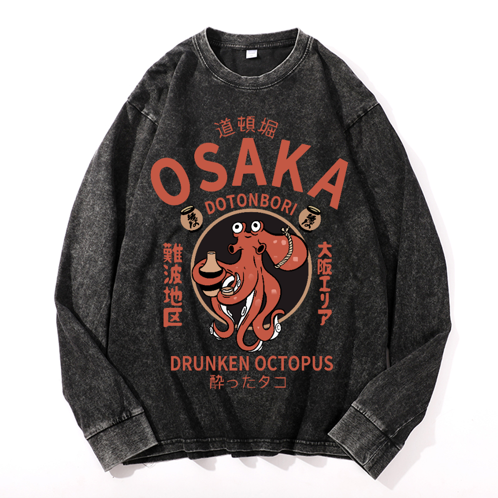 Osaka Dotonbori Drunken Octopus Vintage Cotton Wash Crewneck Long-Sleeve T-Shirt
