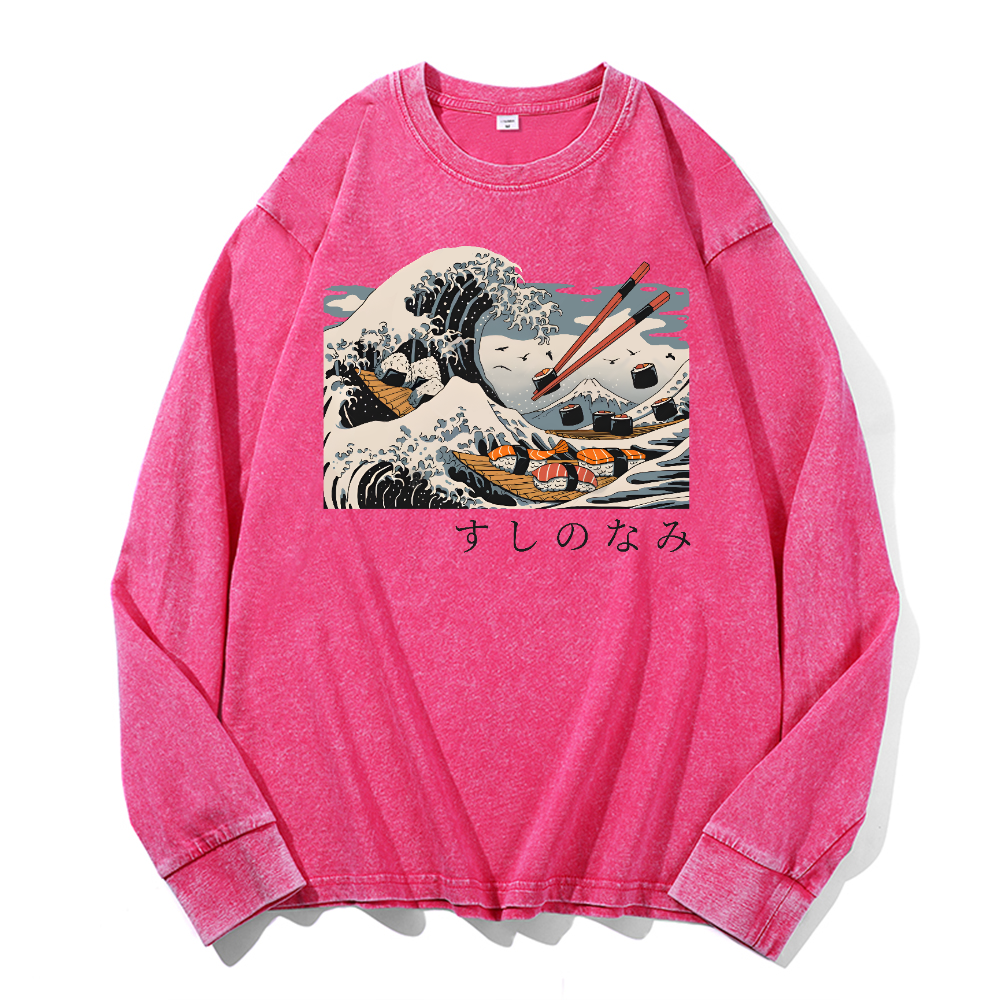 Sushi Kanagawa Vintage Cotton Wash Crewneck Long-Sleeve T-Shirt
