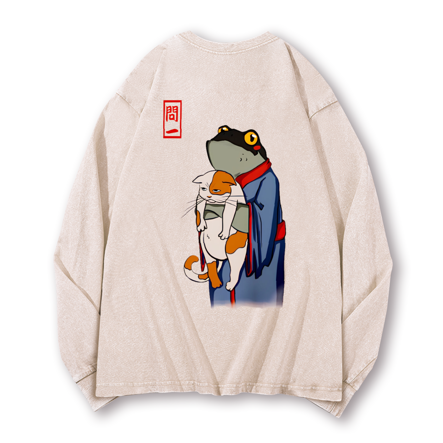 Frog and Cat Vintage Washed Cotton Back Art Long-sleeve T-shirt