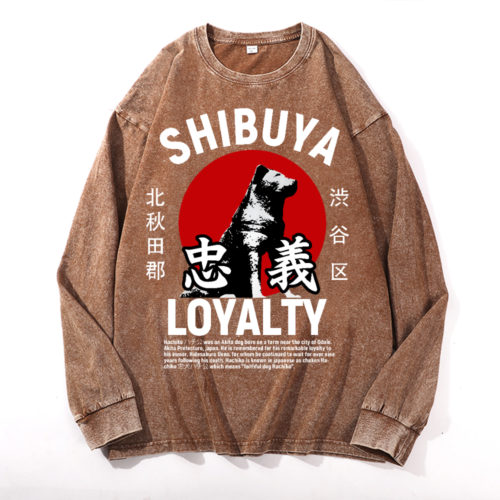 Shibuya Hachiko Vintage Cotton Wash Crewneck Long-Sleeve T-Shirt