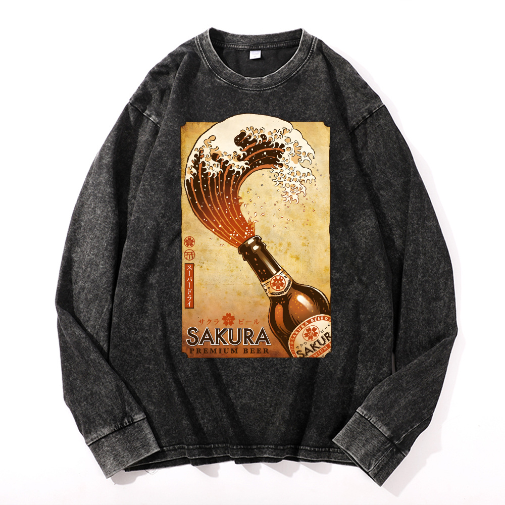Sakura Wave Vintage Cotton Wash Crewneck Long-Sleeve T-Shirt