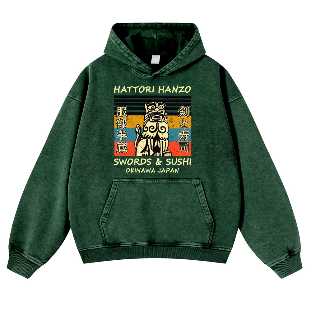 Hattori Hanzo Komainu Okinawa Japan Vintage Washed Thick Cotton Hoodie