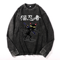 Cat Ninja Vintage Cotton Wash Crewneck Long-Sleeve T-Shirt